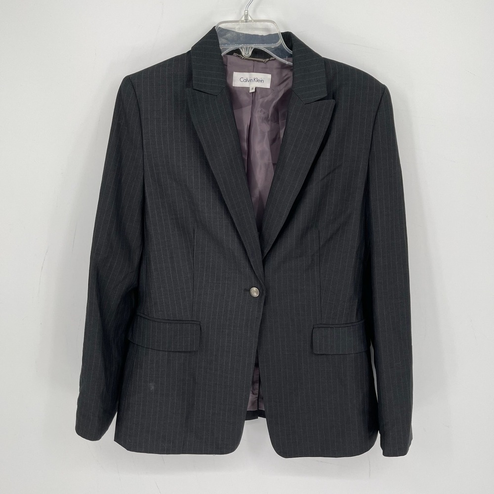Calvin Klein Women's Gray Pinstripe One Button Career Blazer Suit Jacket Size 8